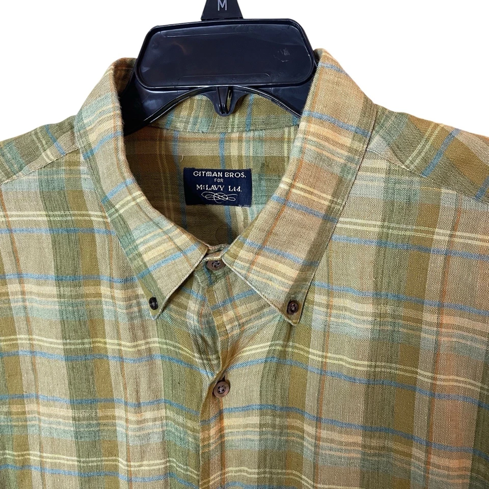Gitman Bros Shirt Mens XL Green Plaid McLavy Ltd Linen Button Up Short Sleeve - Image 4 of 4