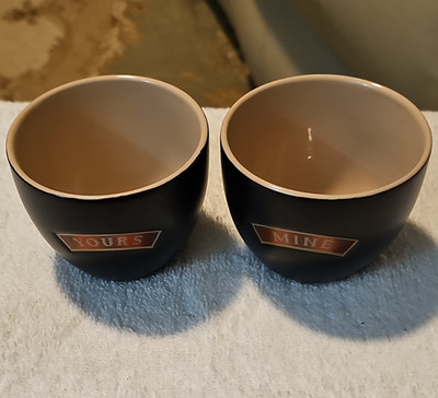 2-Piece Round Ceramic Bowl Set Matte Black Beige Text ''Yours'' ''Mine''