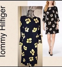 Tommy Hilfiger Floral Dress 12 Yellow Navy 3/4 Ruffle Bell Sleeve Classic Preppy