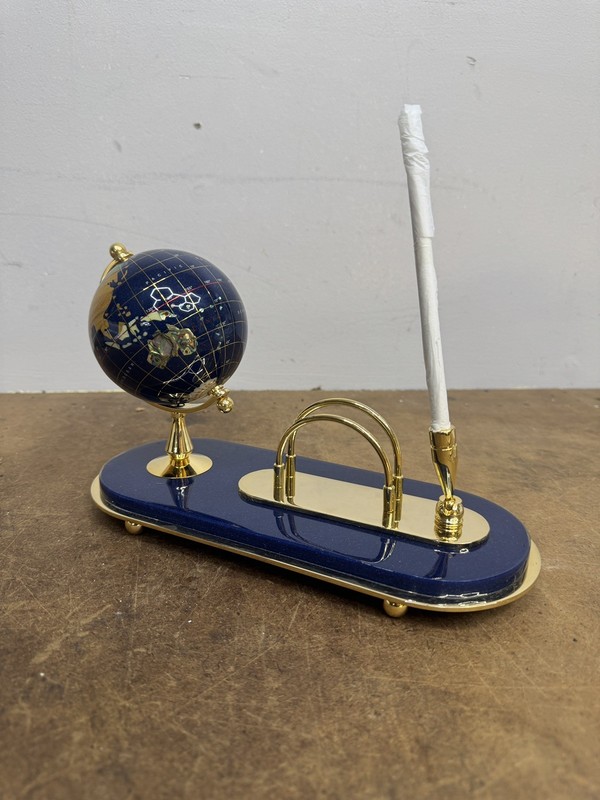 Gemstone Globe Desk Set Lapis Blue Semi Precious Stone Pen Card Holder Brass