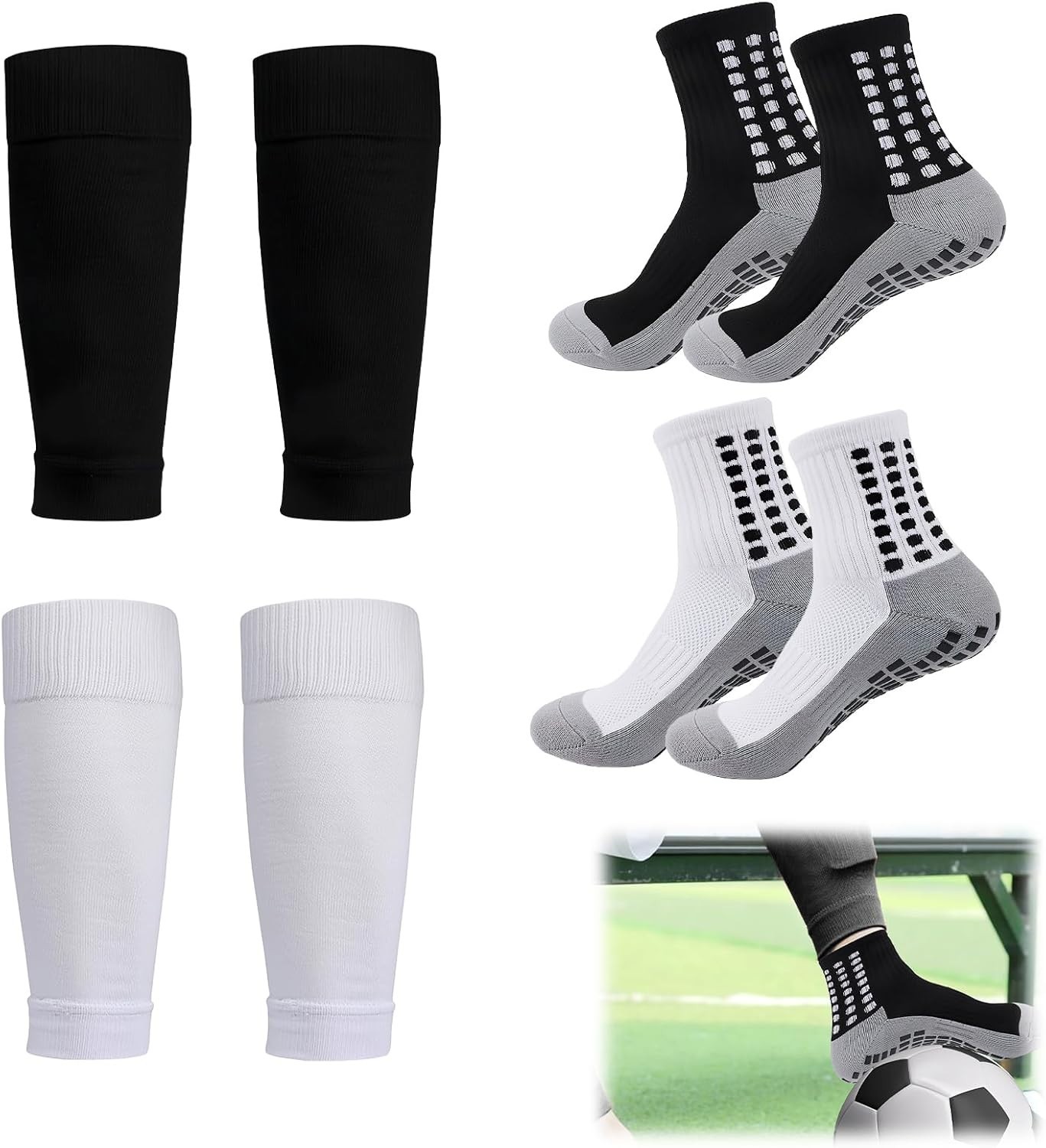 2 Set Grip Soccer Socks & Shin Guard Sleeves Non-Slip Sports Sleeve Socks Men Wo