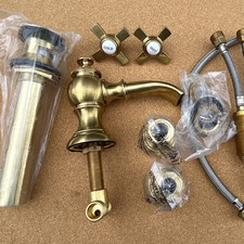 Faucet 2-Handle Bathroom Sink Faucet w/ Cross Handles, Gold, Supply Lines