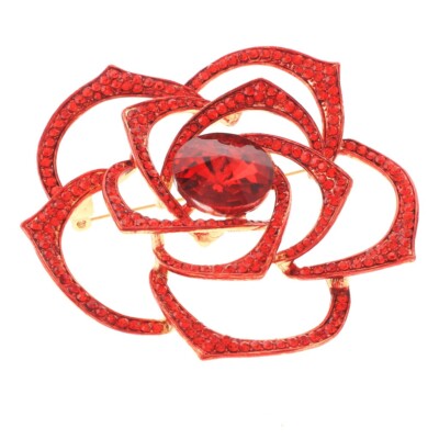 Gold Tone Metal Austrian Crystal Rhinestone Flower Brooch P1417-RED