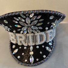 BRIDE Bachelorette Party Sequin Rhinestone Gems Military Cap Hat Black - NEW 