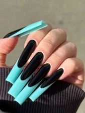 24 Pcs Long Sqaure Press on Nails ( 1 Pack)  Turquoise and Black