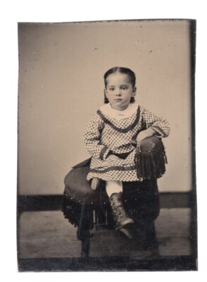 1870s Young Girl Tinted Cheeks Boots Empty Studio Fringe Chair 1/6 Plate Tintype