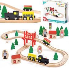 Wooden Train Set for Toddler - 39 Pcs- with Wooden Tracks Fits Thomas, Fits B...
