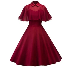 Women's cape shawl two-piece set doll collar suspender solid color casual dress