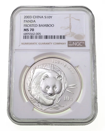 2003 China S10Y Silver Panda Frosted Bamboo NGC MS70 1 Oz.