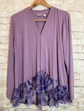 LOGO Lori Goldstein Top Womens Medium Purple Open Front Tie Dye Ruffle Hem Flowy