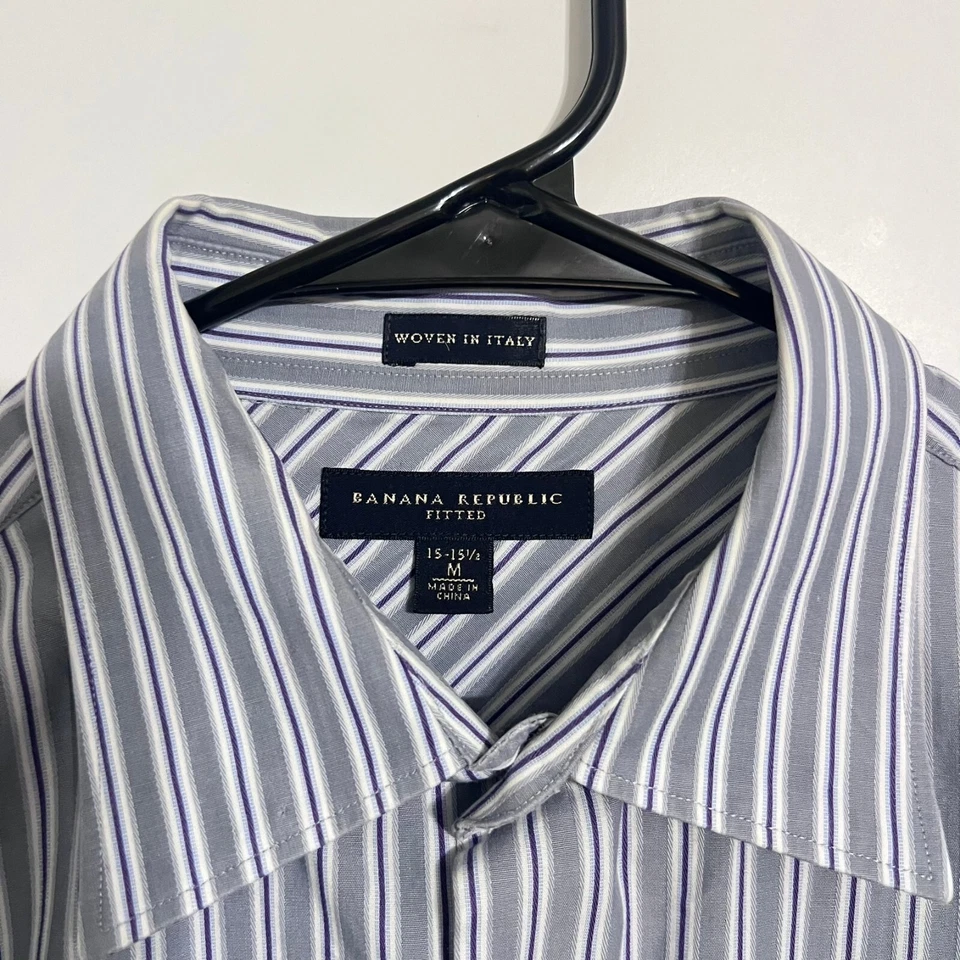 Camisa Banana Republic Para Hombre Talla M 15.5 Gris Rayas Ajustada Tejida en Italia Foto 2 de 4
