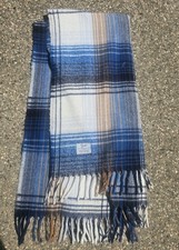 Vintage Faribo Blue Plaid Wool Fringed Stadium Throw Blanket