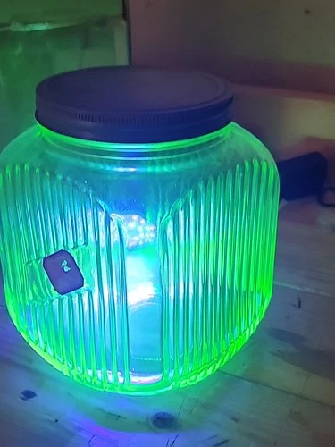 Vintage Uranium Glass Ribbed Cookie Hoosier Jar Vaseline Depression Green Glass*