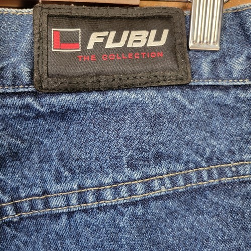 Vintage FUBU Jeans Mens 40X34 Blue Denim Y2K Wide Leg Baggy Skater Hip Hop Cargo