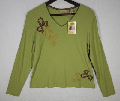 Bechamel Women's Long Sleeve Embroidered Top V Neck Green Size Medium