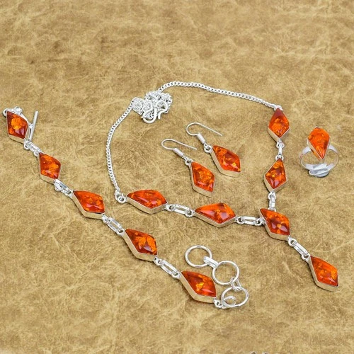 Natural Yellow Amber Gemstone Jewelry Set 925 Sterling Silver Handmade For Gifts
