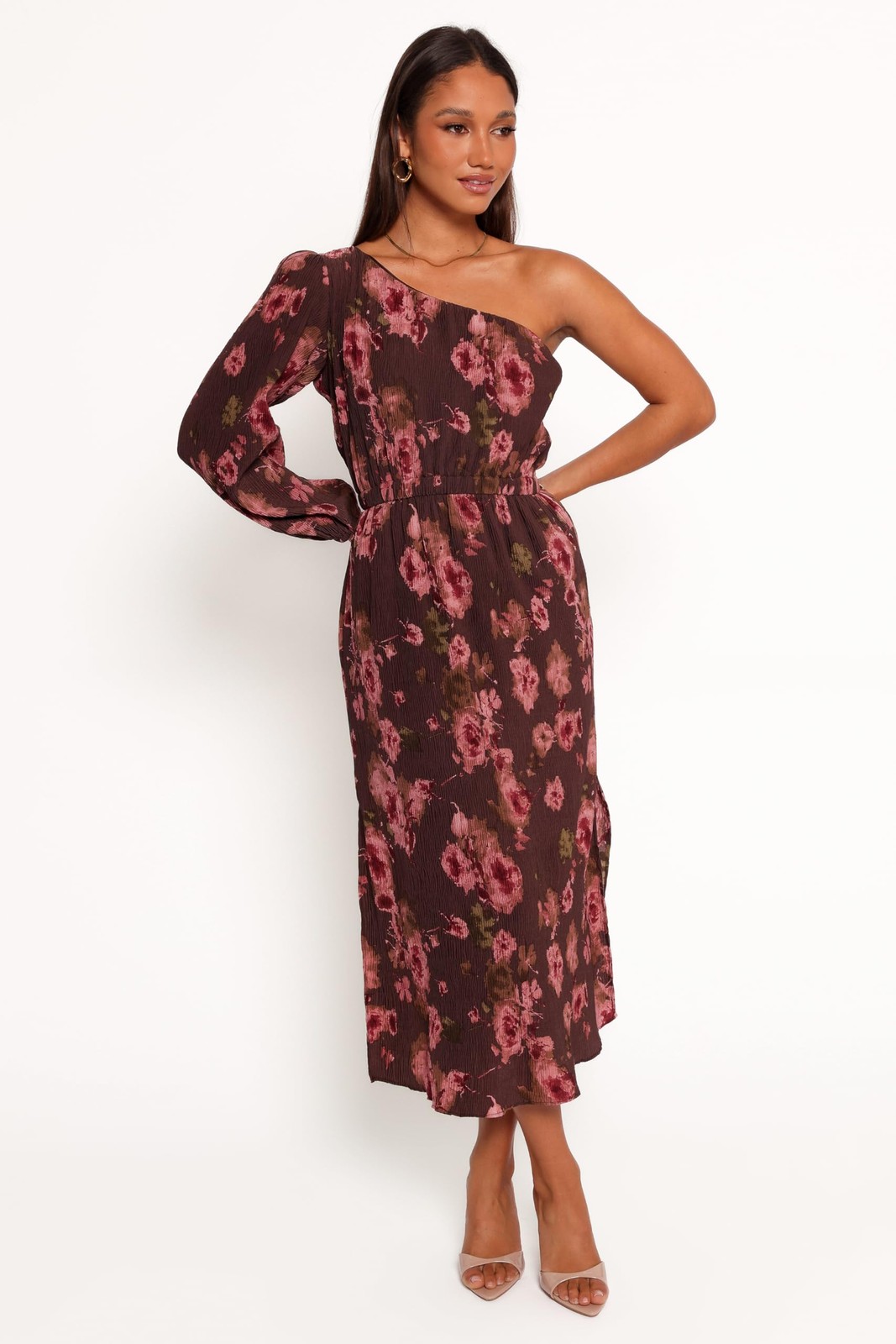 Women's Pontee One Shoulder Pleated Midi DressChocolate Brown