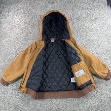 Carhartt Youth Small 7-8 Tan Duck Canvas Jacket/Coat Quilted Hood-Lt Distressing