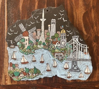 Vintage Hand Painted San Francisco Skyline Slate Roof Tile; Signed  Foster  6.5 