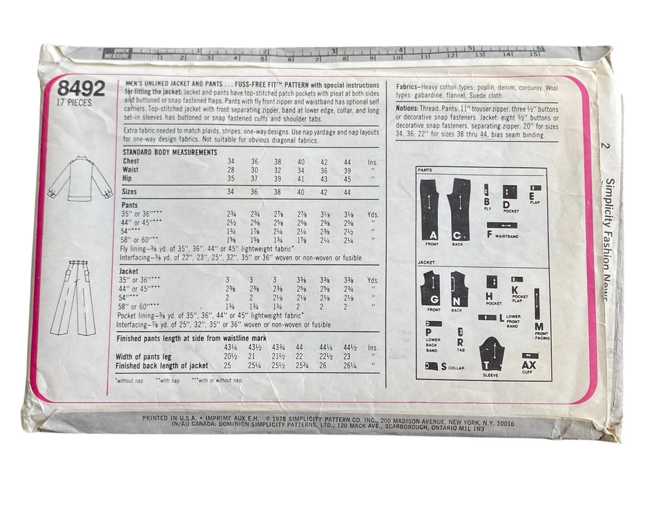 Traje de ocio vintage Simplicity para hombre patrón talla 42 sin cortar FF chaqueta pantalones 8492 Foto 3 de 3