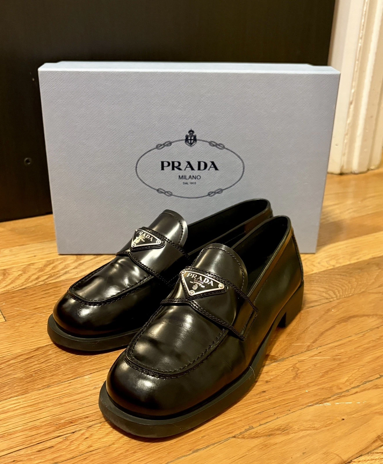 Prada Unlined Brushed Leather Loafers Black Women US 7.5