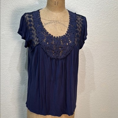 Jolt Women Navy XL Sheer Lace Detail Short Sleeve Boho Top