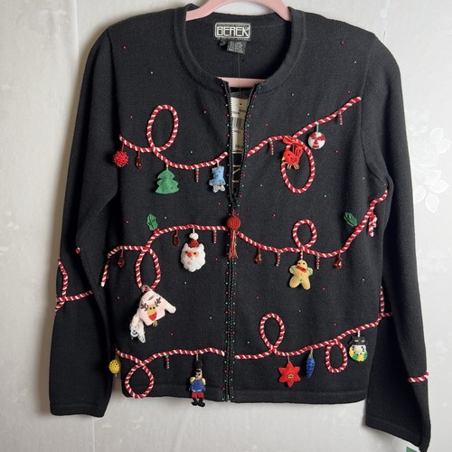 Vintage 90's Berek Christmas Cardigan Sweater Full Zip Size S Amazing Ornaments - Picture 1 of 7