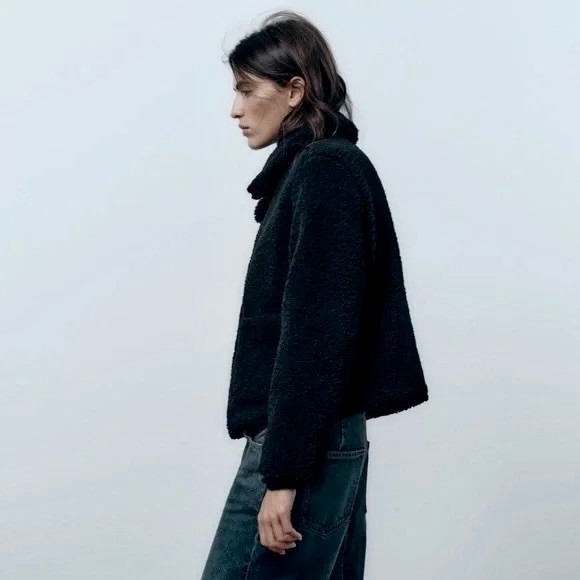 ZARA Black Sherpa Fuzzy Fleece Teddy Coat Faux Shearling Snaps Pockets Small image 5