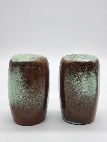 Frankoma Pottery Prairie Green Salt & Pepper Shakers Vintage 3" Rubber Stopper