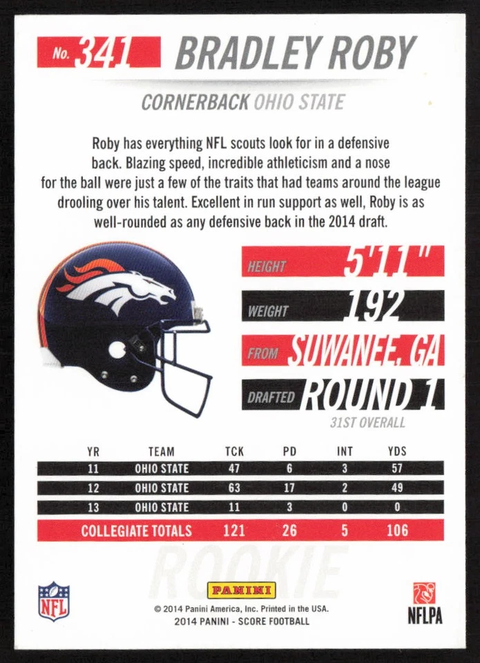 2014 Score Bradley Roby #341 Rookie Denver Broncos - Image 2 of 2