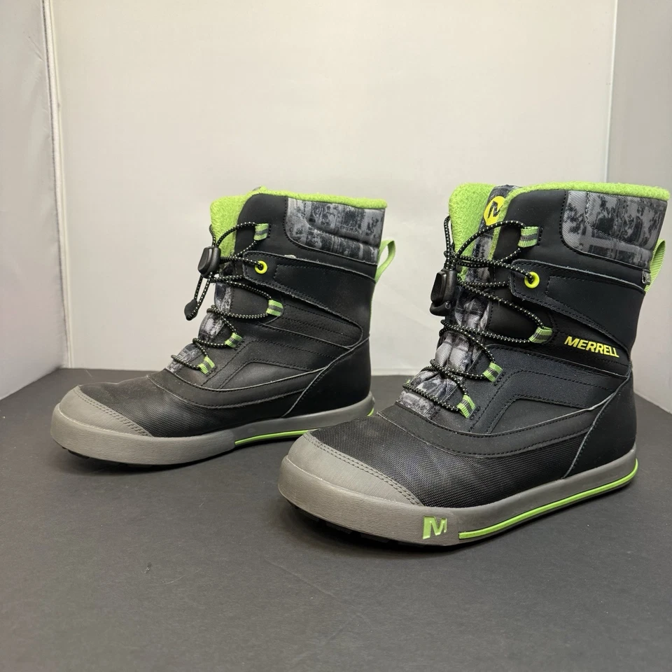 Merrell Snow Bank 防水雪地靴 儿童 青少年 尺码 5M 黑色 灰色迷彩 霓虹灯 — 第 2/4 张图片
