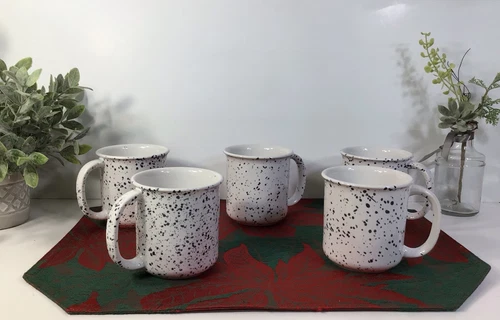 Vintage Crown Corning RARE Coffee Mugs~White W/Black Specks~Set Of 5~