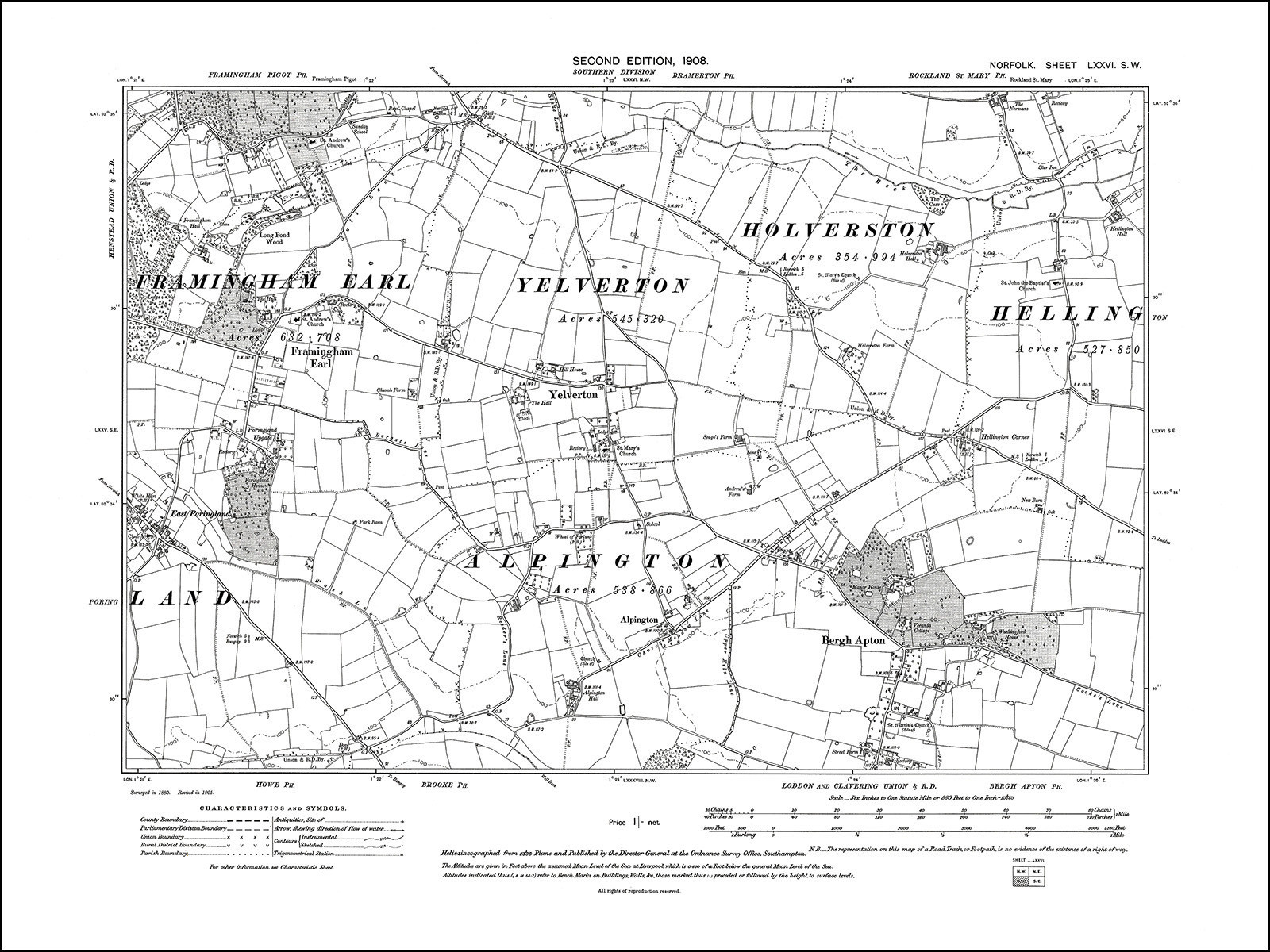 Old map of Framingham Earl, Yelverton, Bergh Apton, Norfolk in 1908