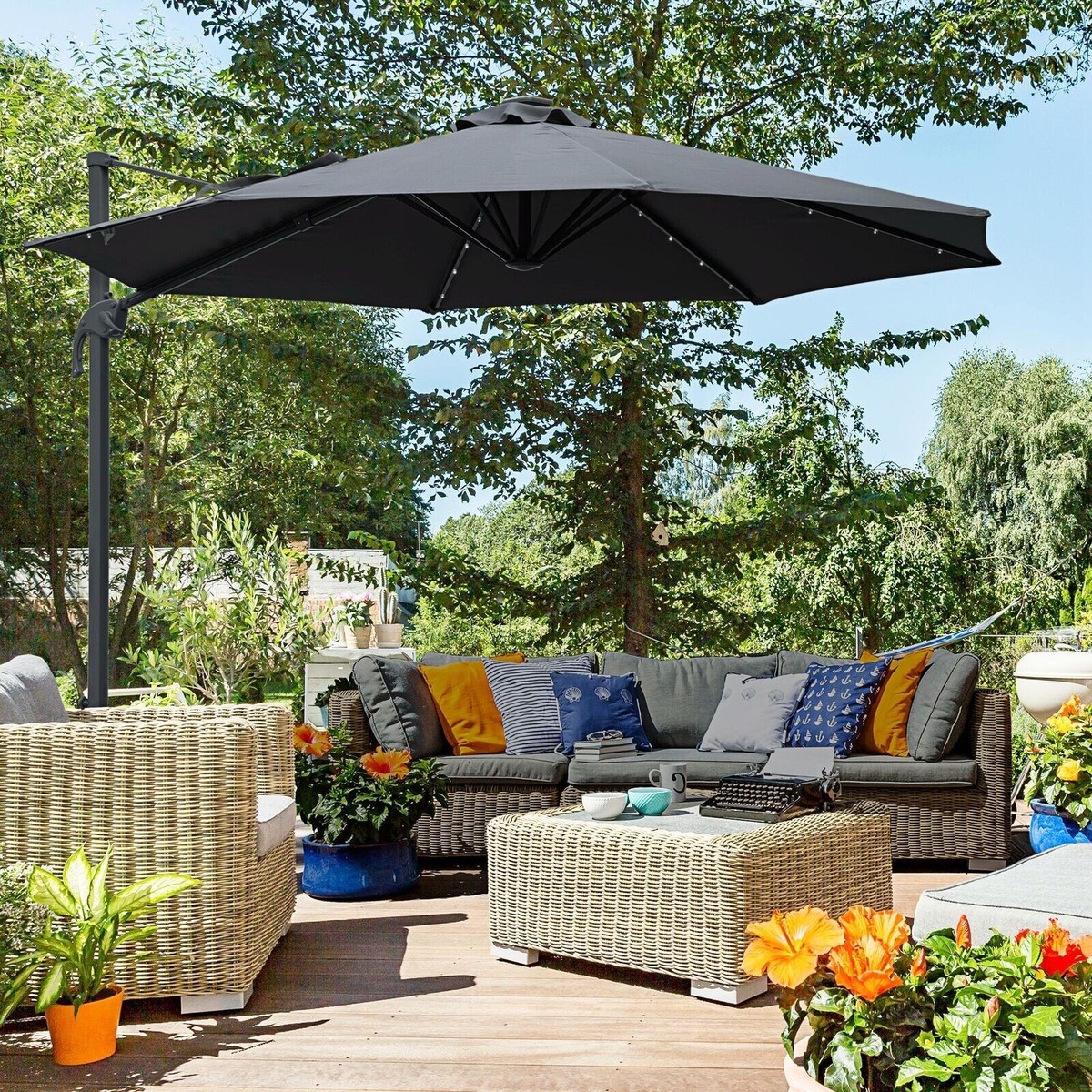 3m Freestanding Cantilever Parasol Patio Umbrella + Crank Solar Lights Dark  Grey | eBay