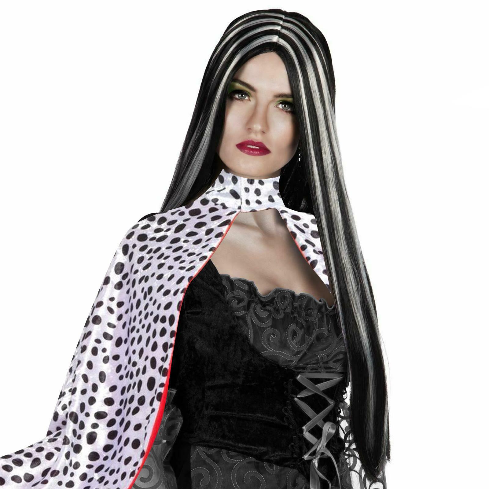 Ladies Long Goth Black Witch White Streak Wig Halloween Vampire