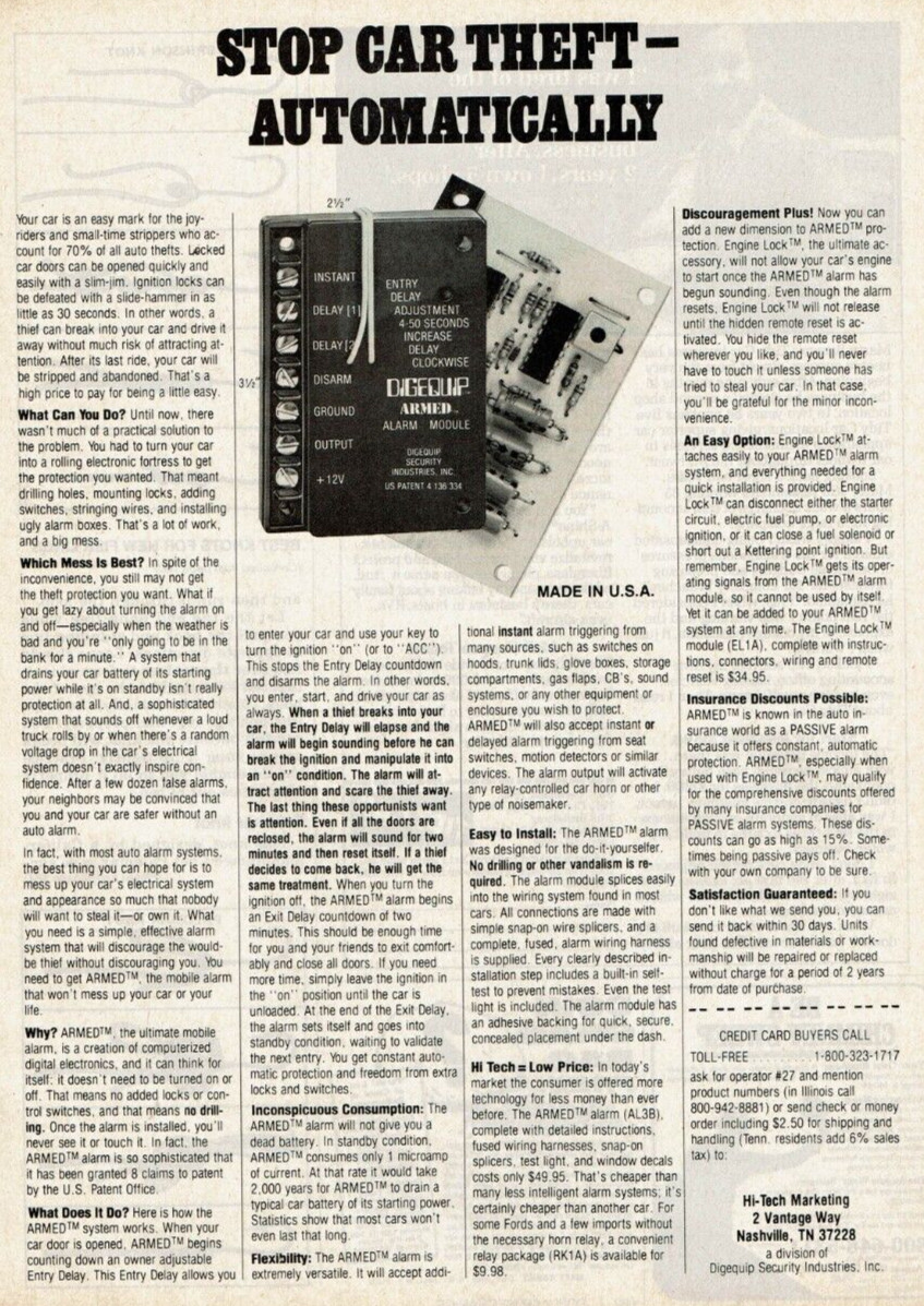 1980 Vintage Print Ad Stop Car Theft Automatically Hi-Tech Digequip Armed Alarm