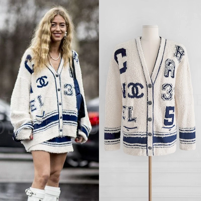 NWOT CHANEL 19P NAVY LOGO IVORY OVERSIZED CARDIGAN FR34