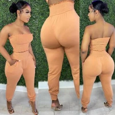 NEW Sexy Women Lowcut Chest Wrap+Solid Long Pants Set Casual Outfits 2pcs Club