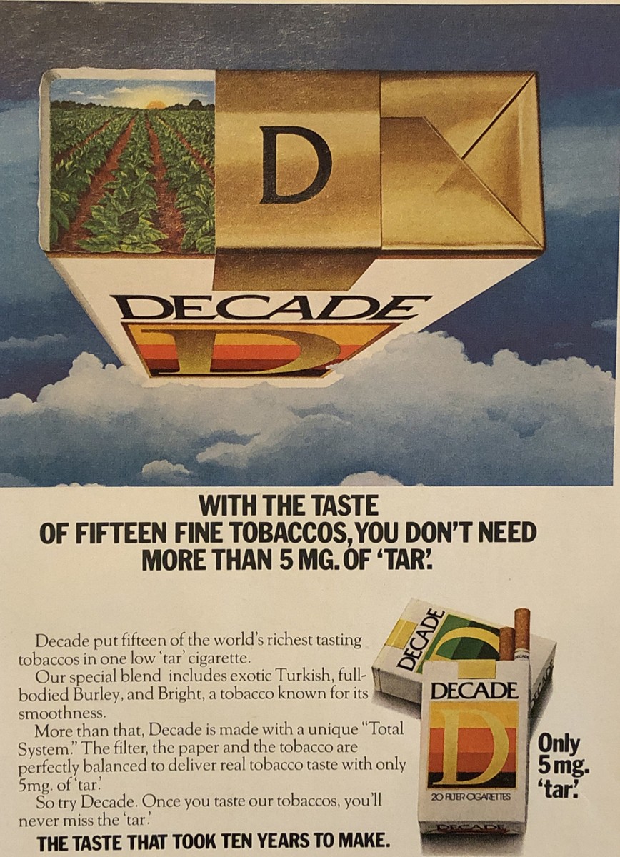 decade tobacco PRINT AD 1978 Decade Cigarettes 15 Fine Tobaccos Taste That Took 10 Yrs To  Make