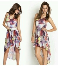 GUESS Kaleido Print Pleated Hi-Lo Dress Bright Raspberry Multi Size L NEW