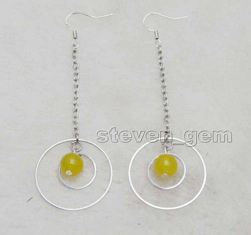 SALE Großer 28 mm & 14 mm Metallring und 8 mm runder gelber natürlicher Jade Ohrring - Ohr 566 - Bild 4 von 5