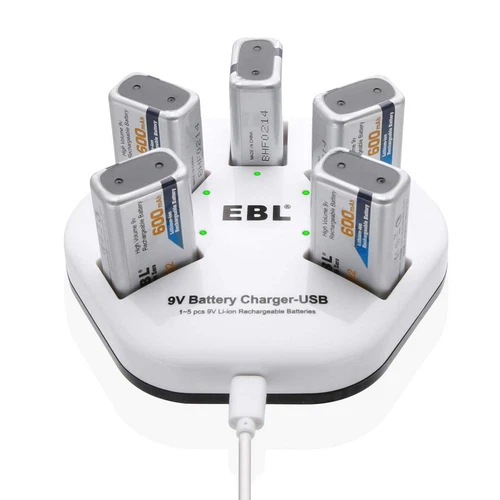EBL 9V Rechargeable Batteries Lithium Ion 600Mah Batteries (5 Packs) with 5 Bay 