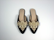 Women's Black Faux Pearl D cor Flats Slip Ons, Elegant Point Toe.