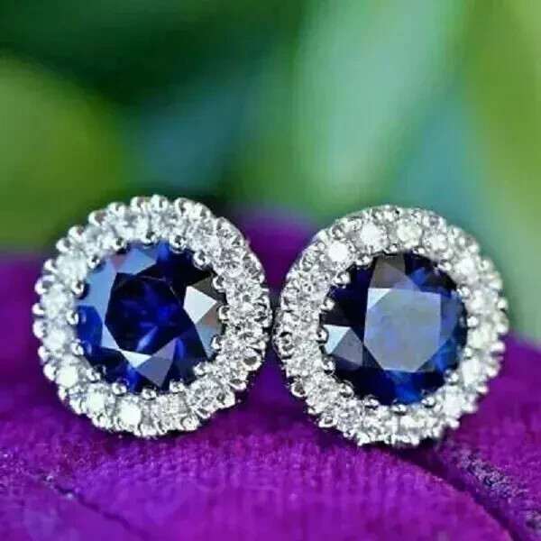 2Ct Round Cut Simulated Sapphire Womens Christmas Gift Stud 14KWhite Gold Plated