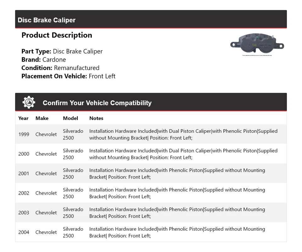 For 1999-2004 Chevrolet Silverado 2500 Disc Brake Caliper Front Left Cardone - Image 2 of 4