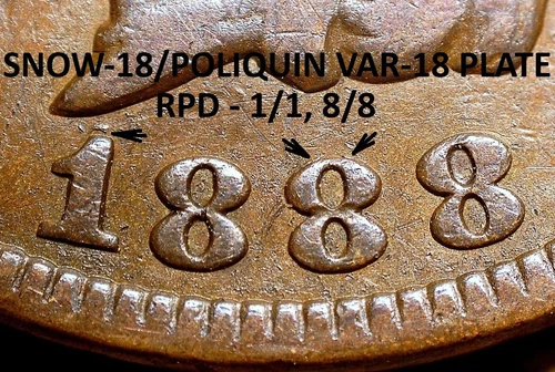 1888 Indian Head Cent - FINE SNOW-18, POLIQUIN PLATE, REPUNCHED DATE (K527)