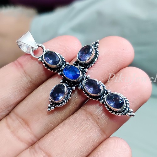 Ciondolo croce in argento sterling 925 con ametista sfaccettata e tanzanite... - Foto 1 di 8