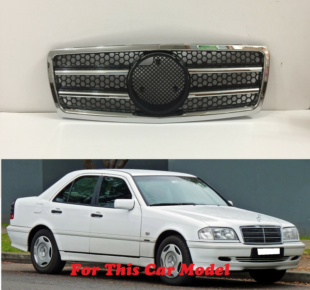 Front Grille Black W/2 Chrome Molding For '1994-'2000 Benz C-Class