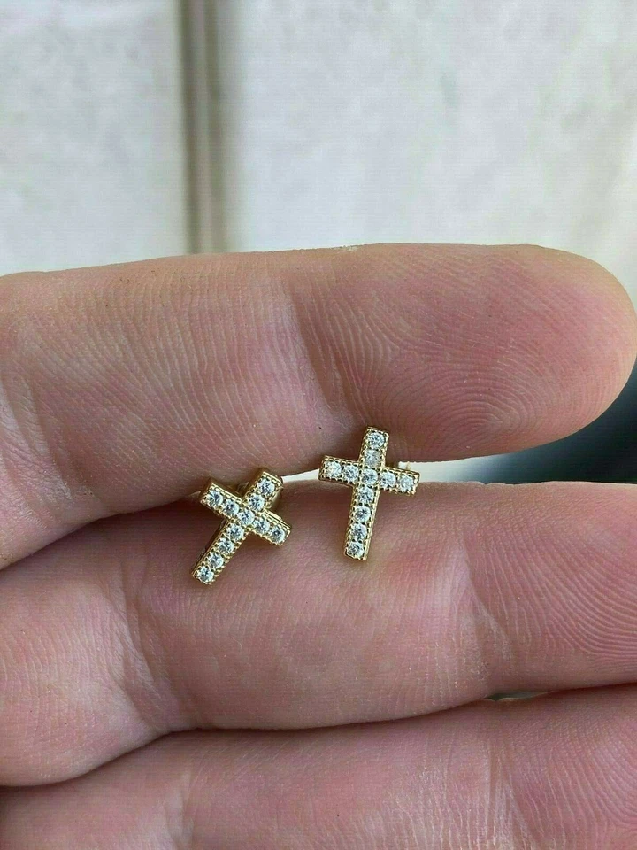 Real 925 Sterling Silver 14k Gold Plated Men Ladies Cross Earrings Studs Iced CZ - Image 4 of 4