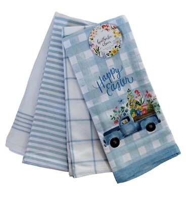 Easter Kitchen Hand Towels Blue White Heather Lee Chan Set of Four NEW
